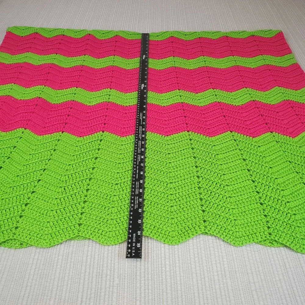 Handmade Crochet Blanket Unisex 49x68 Pink Green Chevron Ripple Afghan
